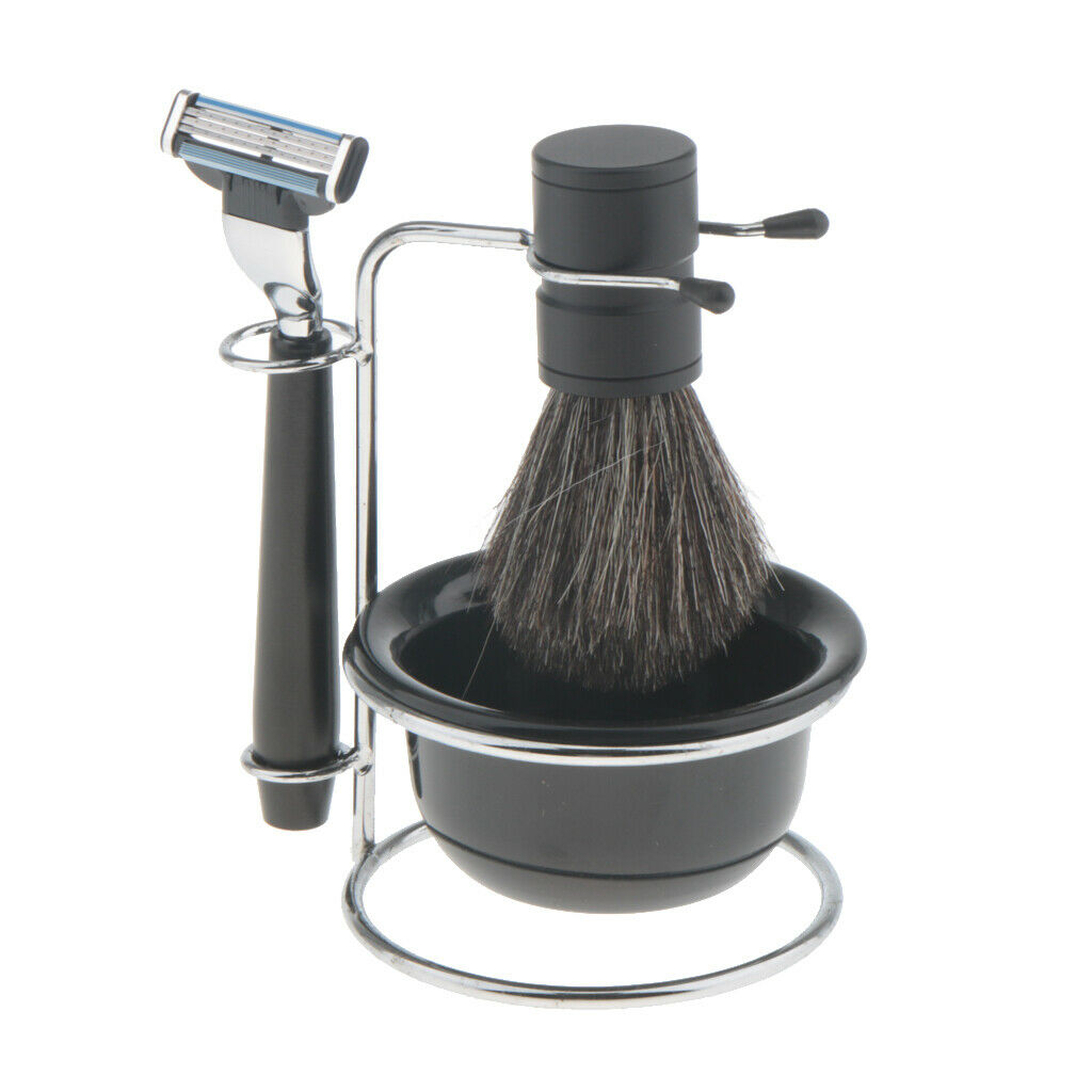 4 in 1 Bristle Hair Shaving Brush Soap Bowl Safety Razor Stand Travel Set