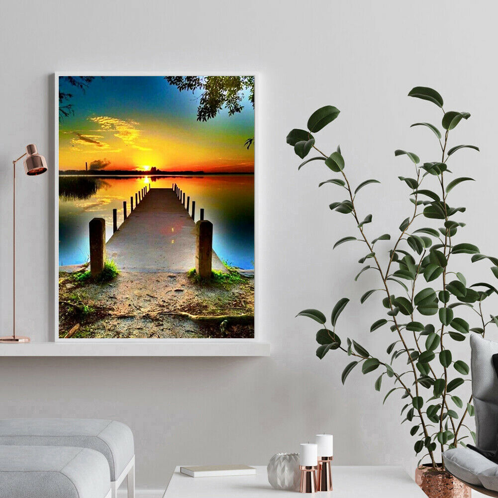Sunset Bridge 5D Full Drill Round Diamond Painting Cross Stitch Mosaic Art @