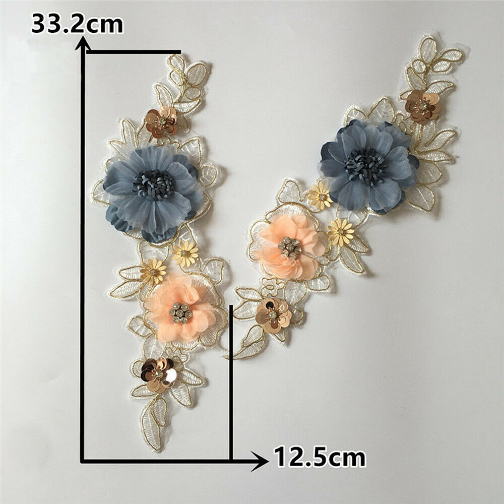 2PCS LaceFlower Patches Sequins Sew on Collar Applique Clothing Badge Decor DIY