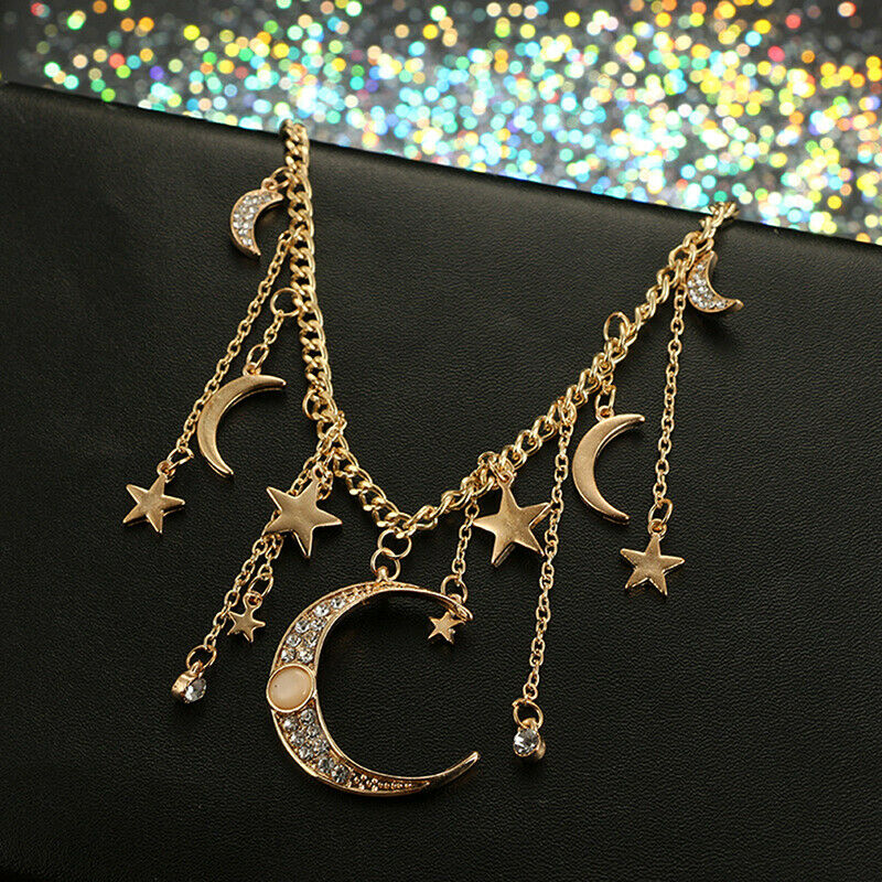 Fashion Star Moon Pendant Tassel Necklace Shiny Crystal Choker Women Jewe.l8