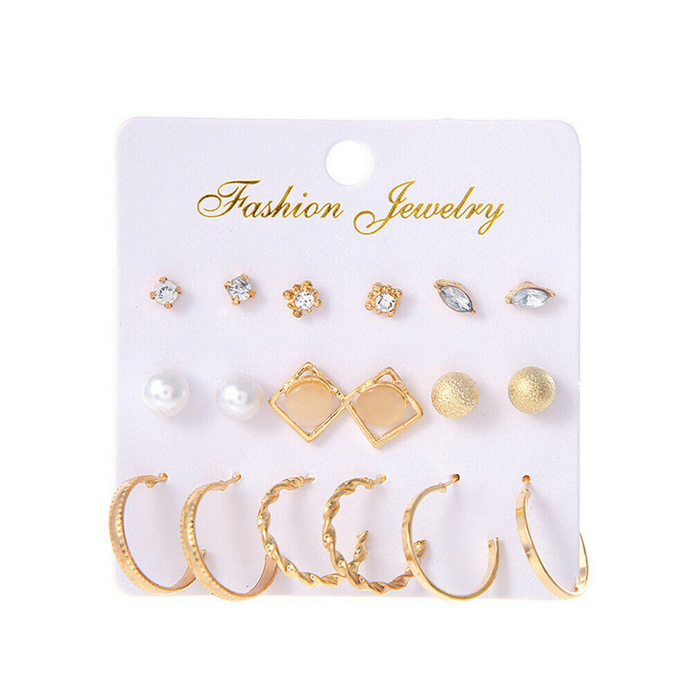 9 Pairs Elegant Women Rhinestone Crystal Zircon Earrings Set Jewelry Ear Stud