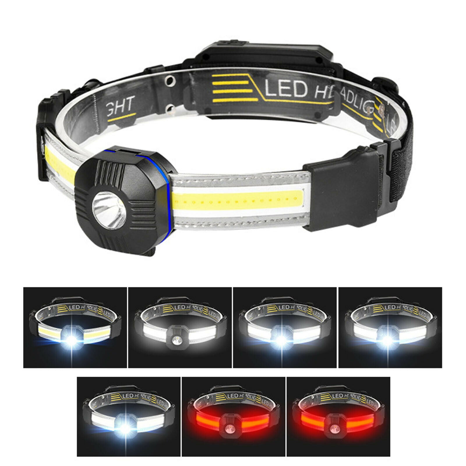 LED 7 Mode Head Light Headlamp Rechargeable COB Headlight Fishing Flashlight