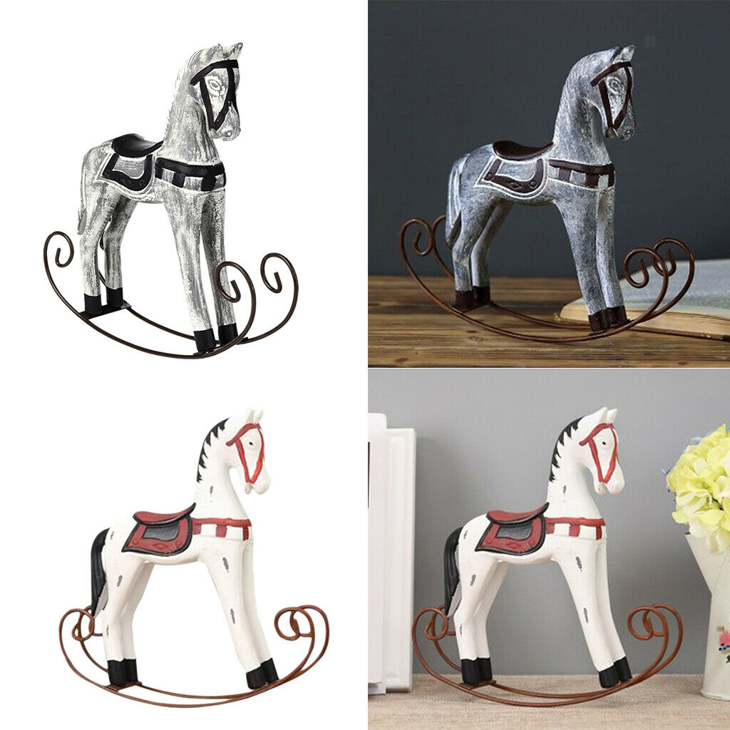 2x Nordic Wooden Rocking Horse Statue Wedding Decor Wood Horse Crafts DIY Bar