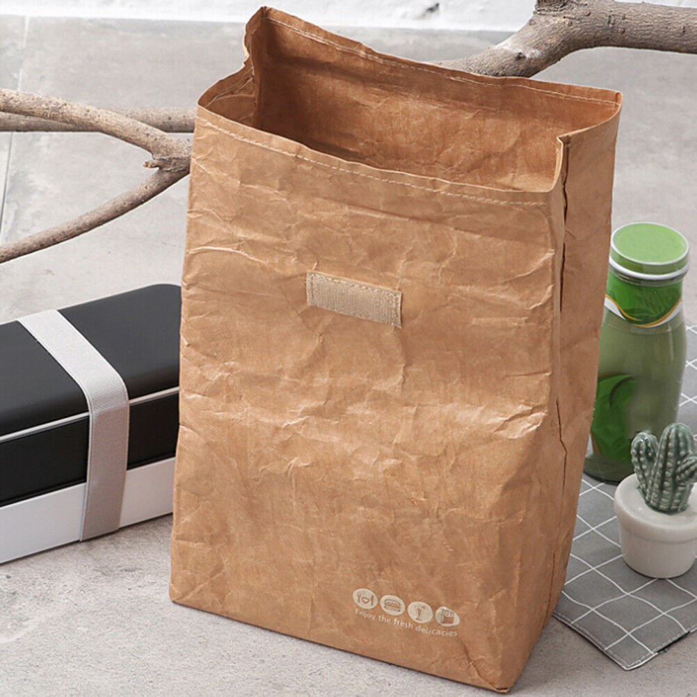 Brown Paper Lunch Bag Reusable Insulated Thermal Cooler Sack Magnetic Closul SJ