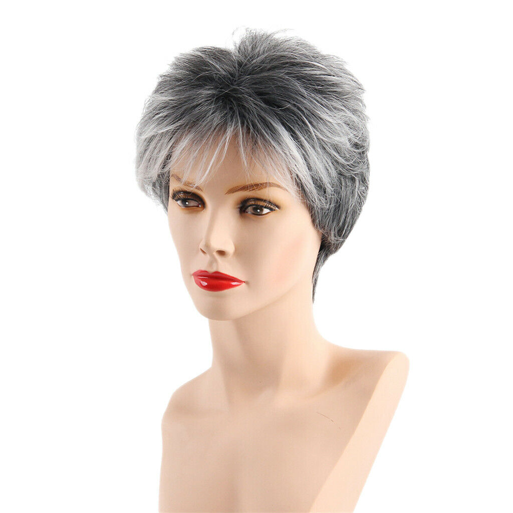 Female Full Wig Gray And White Short Wig Synthetic Synthetic Hair Womens Women