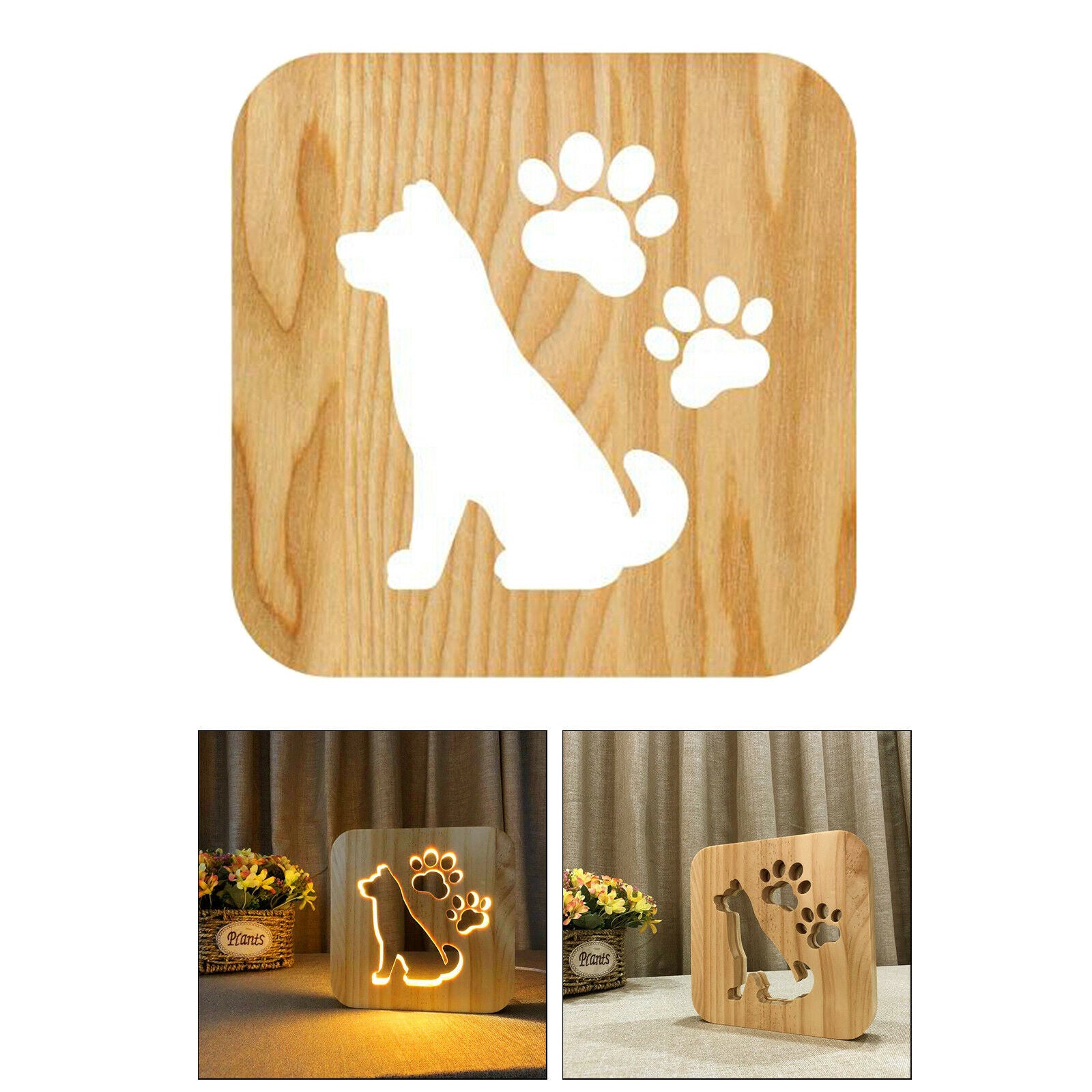 LED USB Wooden Night Light Dog Paw Hollow Bedroom Lamp Home Decoration for Kids