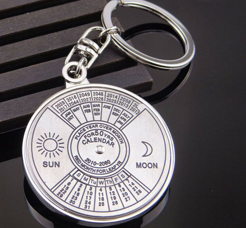 Modern Perpetual Calendar Keyring Keychain Novelty Metal Key Chain Ring 50 Years