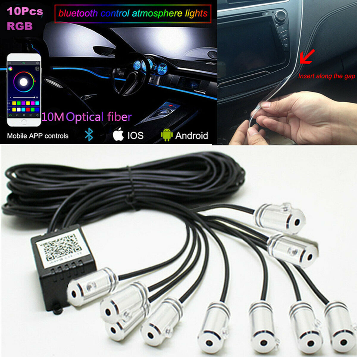 12V 10in1 RGB LED W/ 10M Car Decor Neon EL Fiber Strip Atmosphere Light Optical