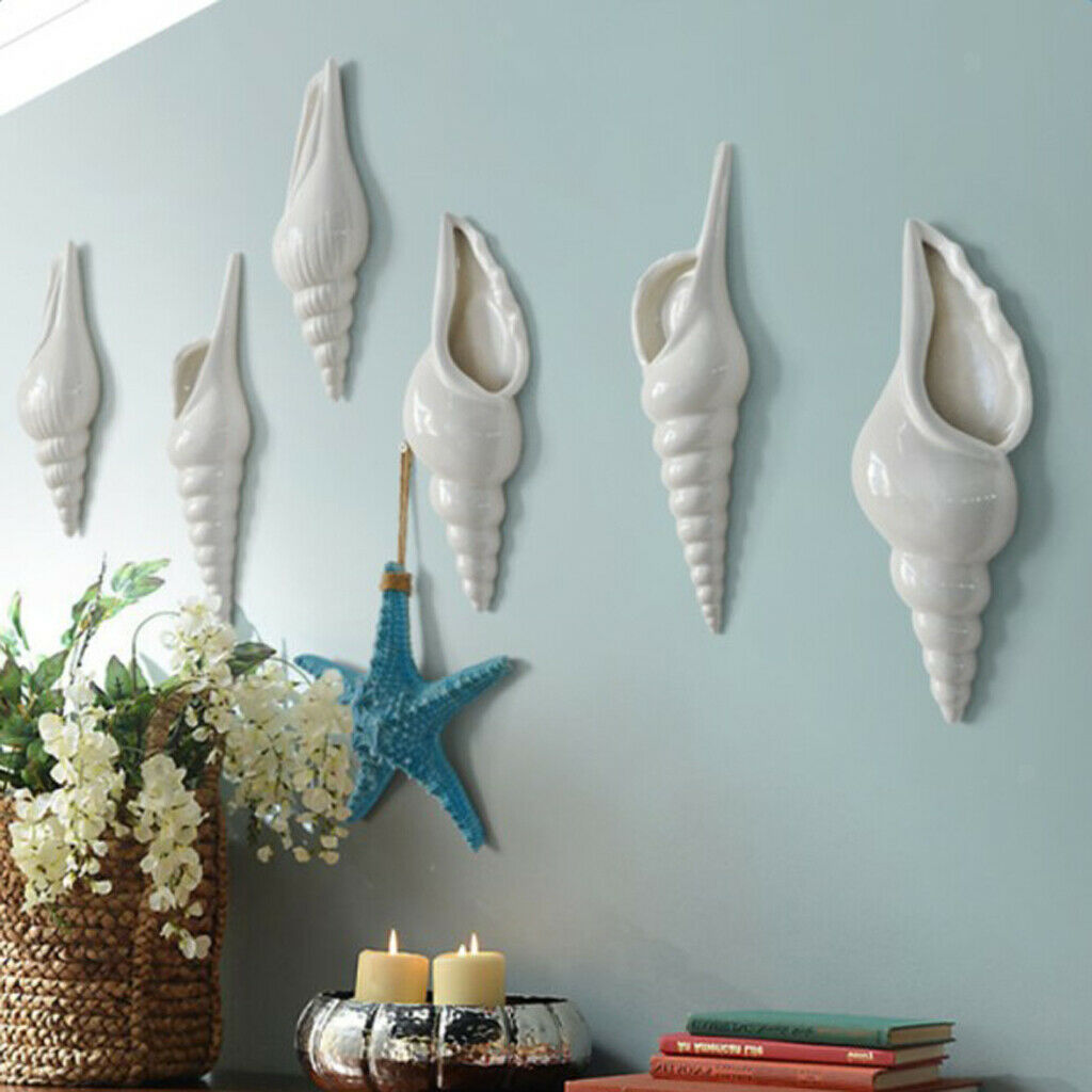 Set 2 Modern White Ceramic Sea Shell Conch Flower Vase Wall Hanging Decor