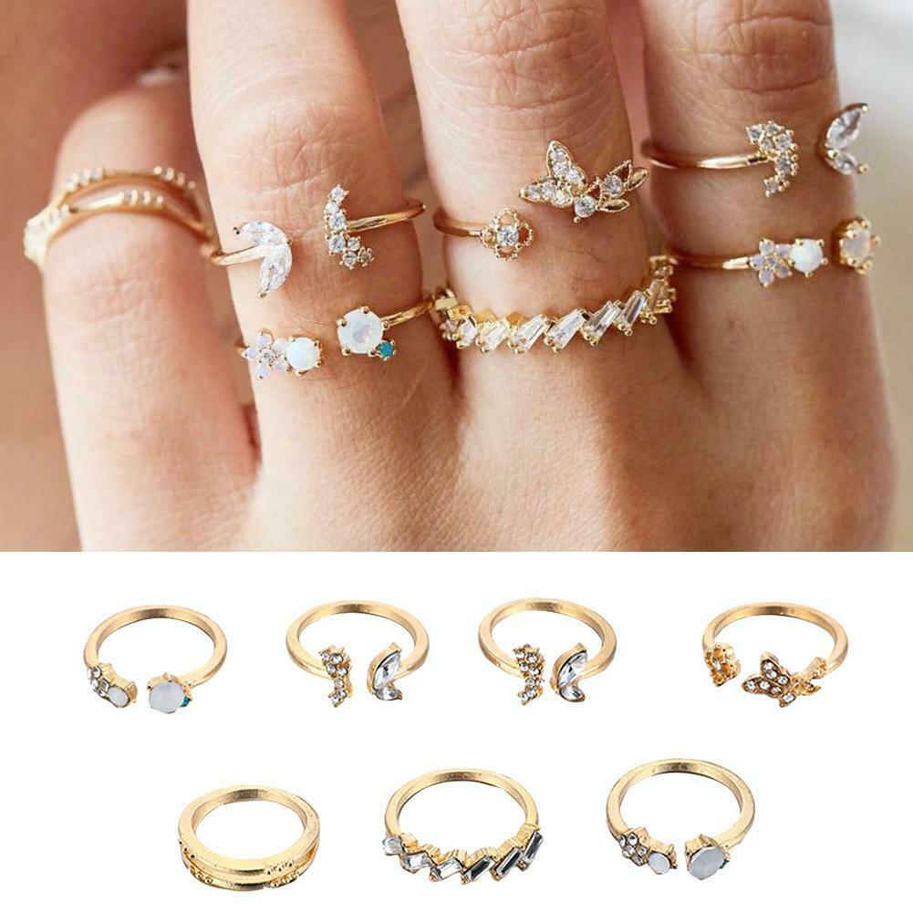 7pcs/set Rhinestone Butterfly Flower Ring Women Open Knuckle Rings Jewelry @