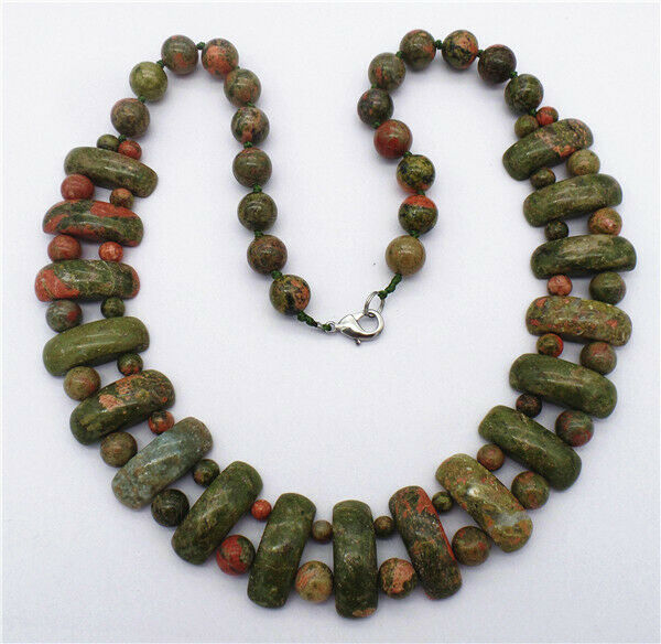 1 Strand Natural Green Unakite Jasper Handmade Rectangle Beads Necklace HH7350