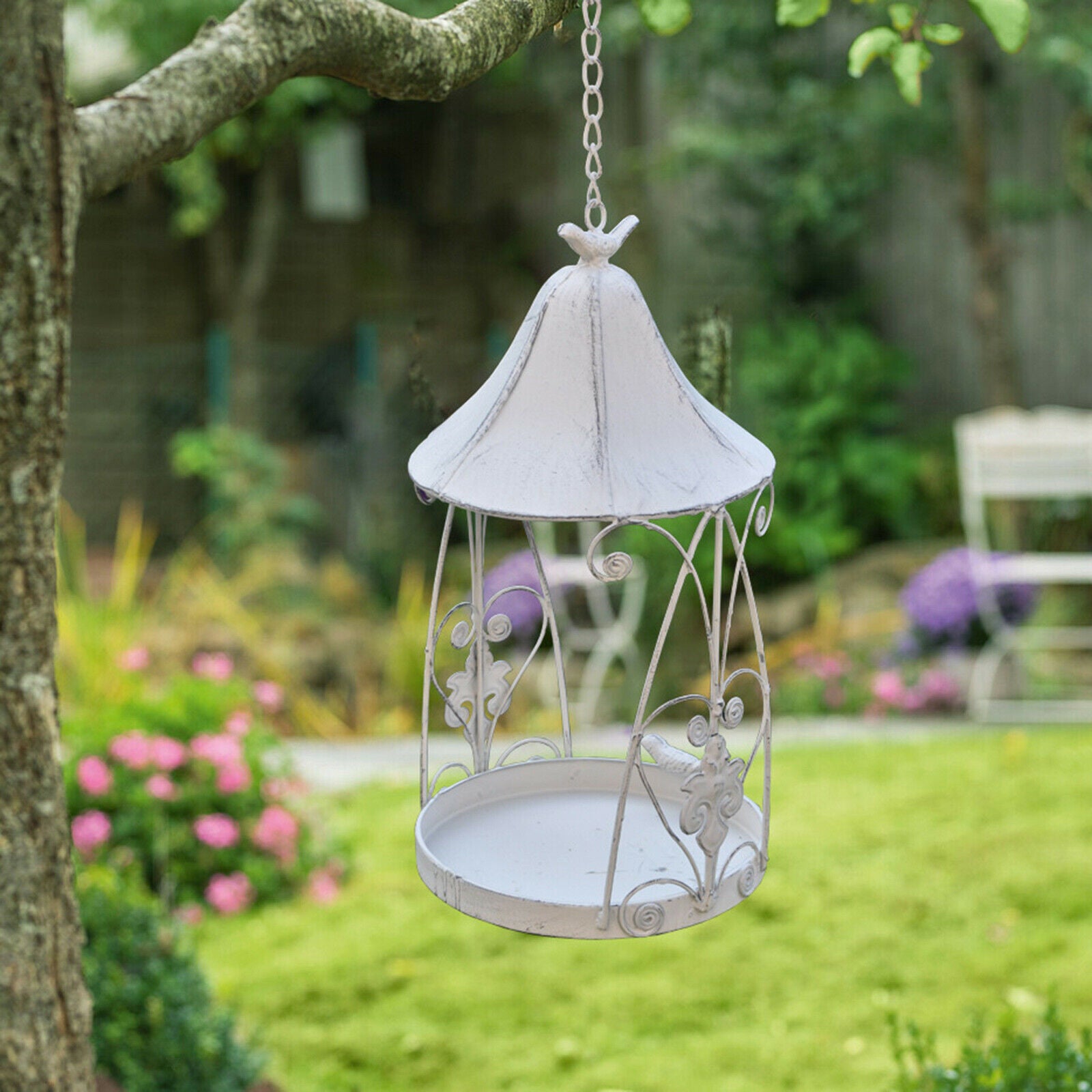 Iron Round Bird Feeder Tray Hanging Outside Yard Garden Decor