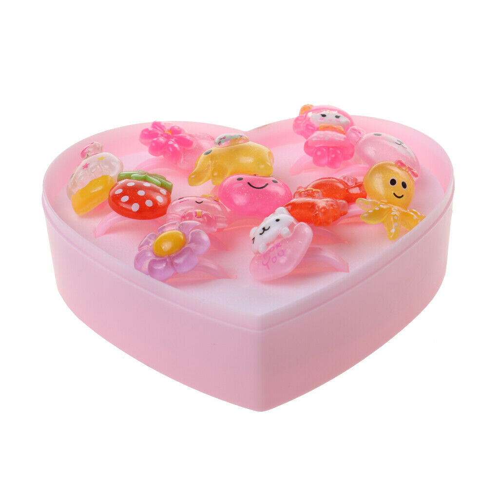 2x Kids Pink Plastic Rings with Heart Gift Box Girls Jewelry Set Xmas Gift 12pcs