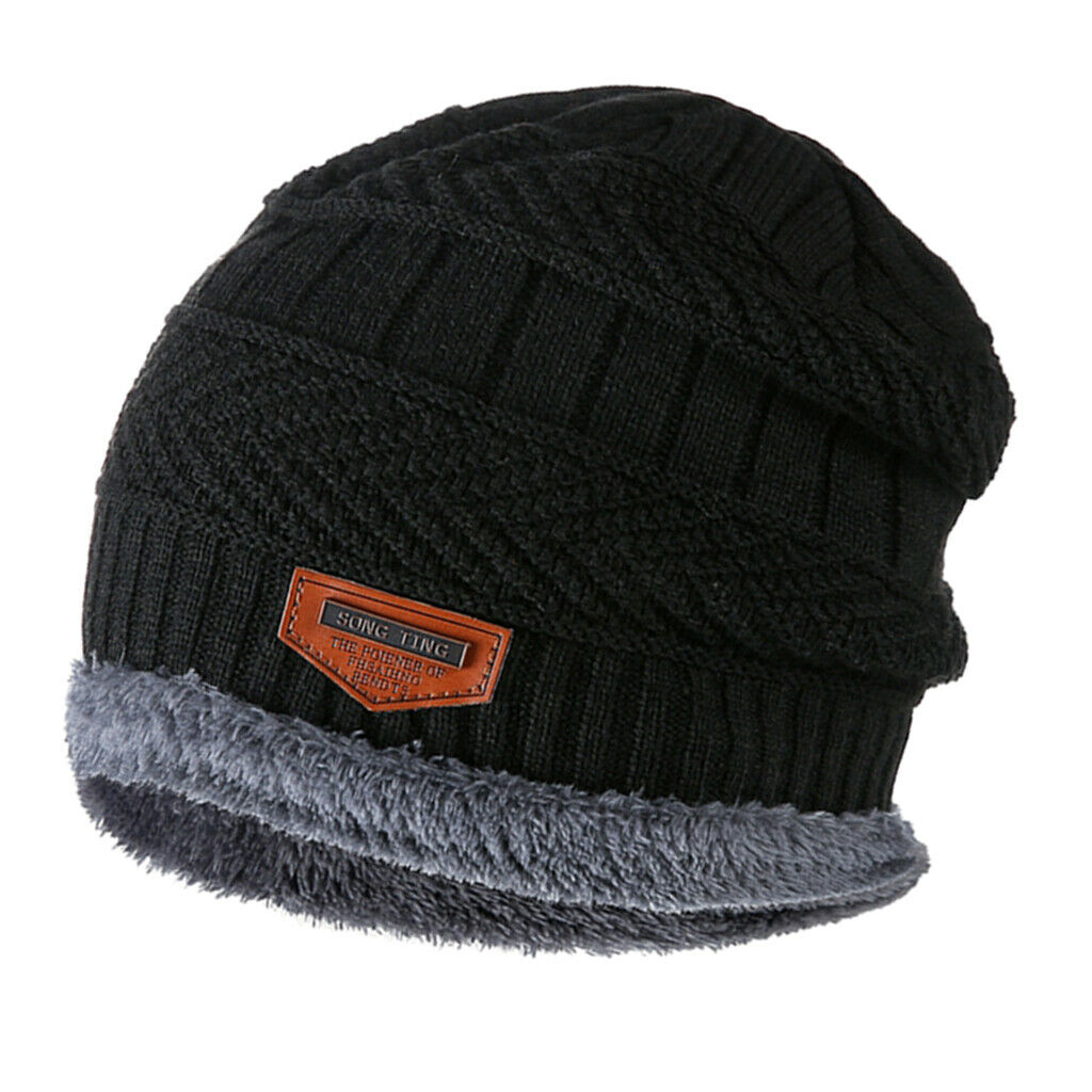 Winter Beanie Hat Soft Warm Knit Hat Thick Fleece Lined Skiing Running Black