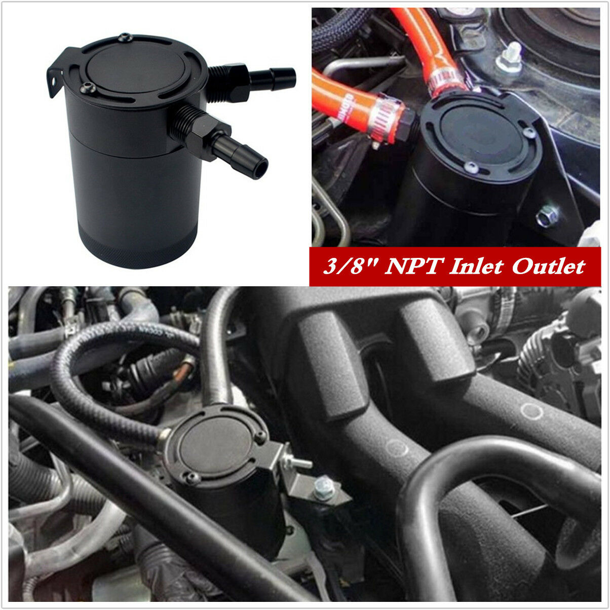 Baffled Oil Catch Can Tank 2-Port Universal 3/8" NPT Inlet Outlet