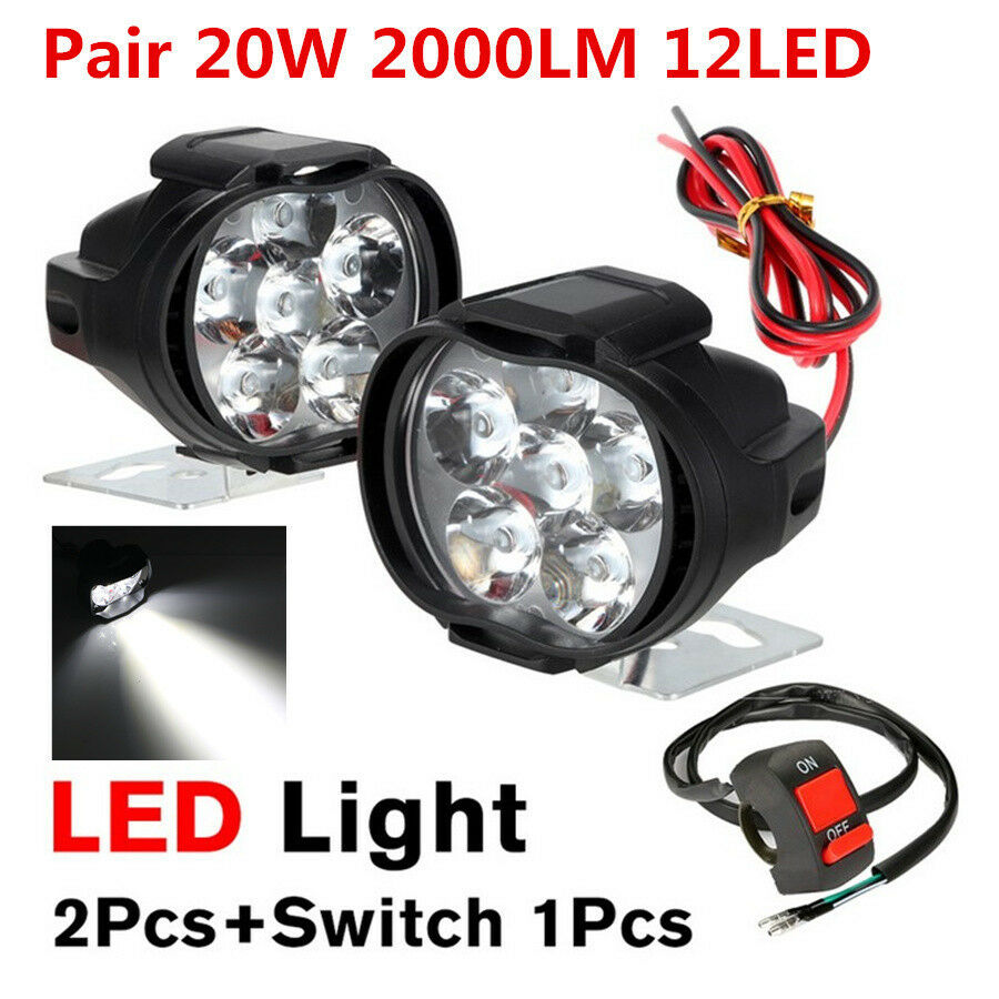 2x 10W 6LED White 1000LM Motorcycle ATV Headlight Driving Fog Spot Light +Switch