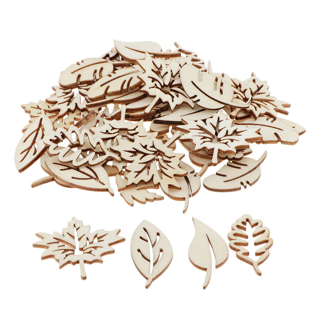 50Pack Hollow Leaves Wooden Pieces Scrapbooking Wood Chip DIY Art Hobbies
