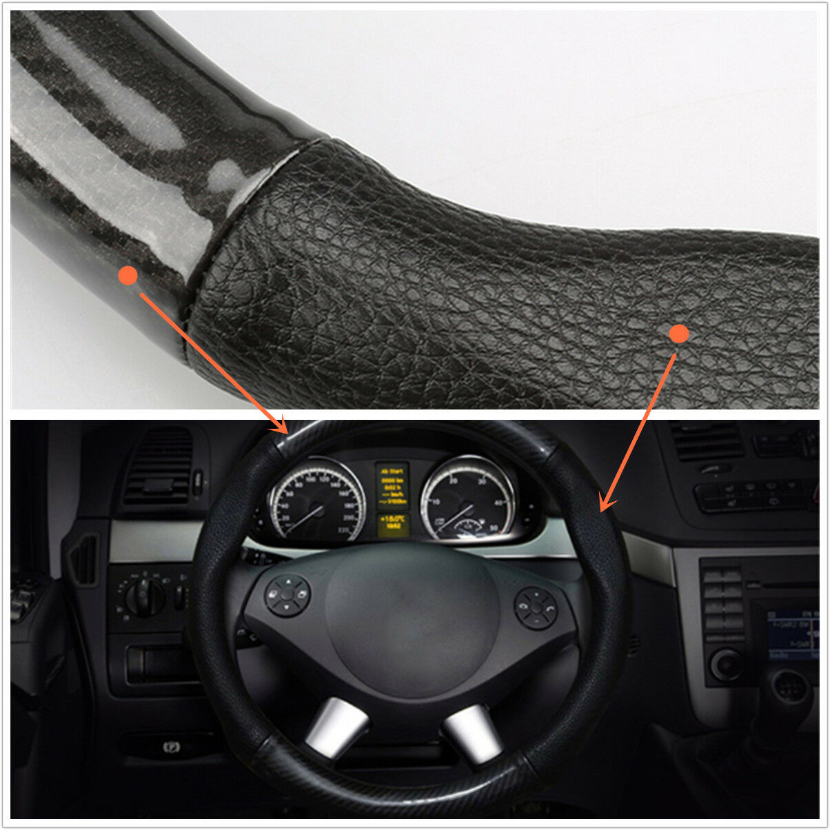 1PCS Carbon Fiber Steering Wheel Cover + Black leather cover For 38cm Diameter