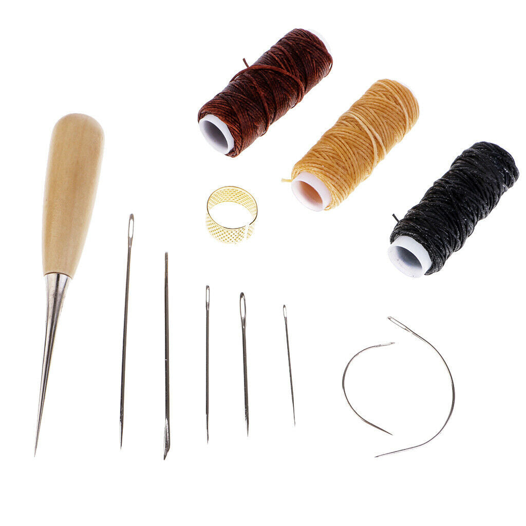 12 Pieces Basic Hand Sewing Leathercraft Set Curved Needles Waxed Thread