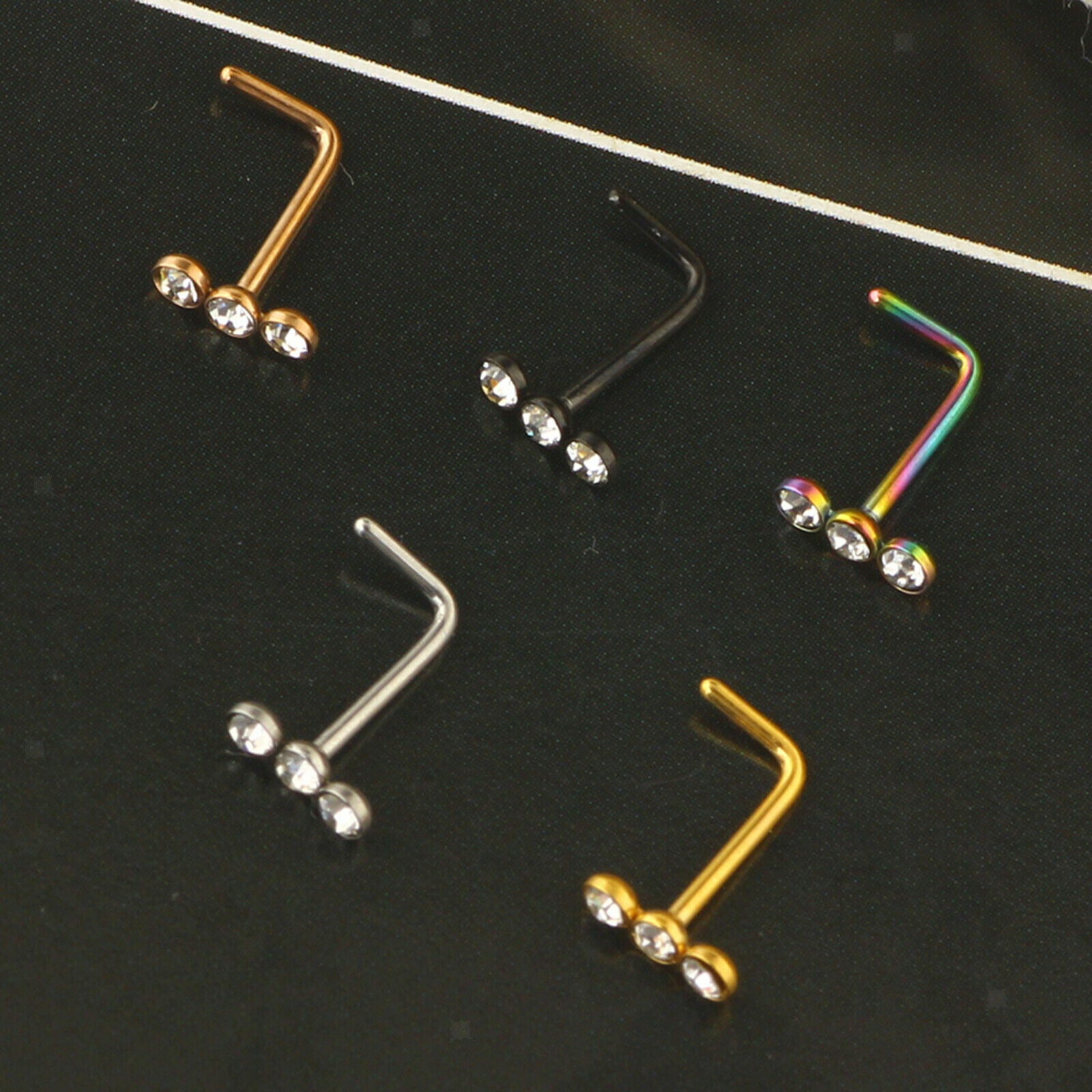 5 Pieces Nose Stud Stainless Steel Rhinestone L-Shape Screw Mixed Color 7mm