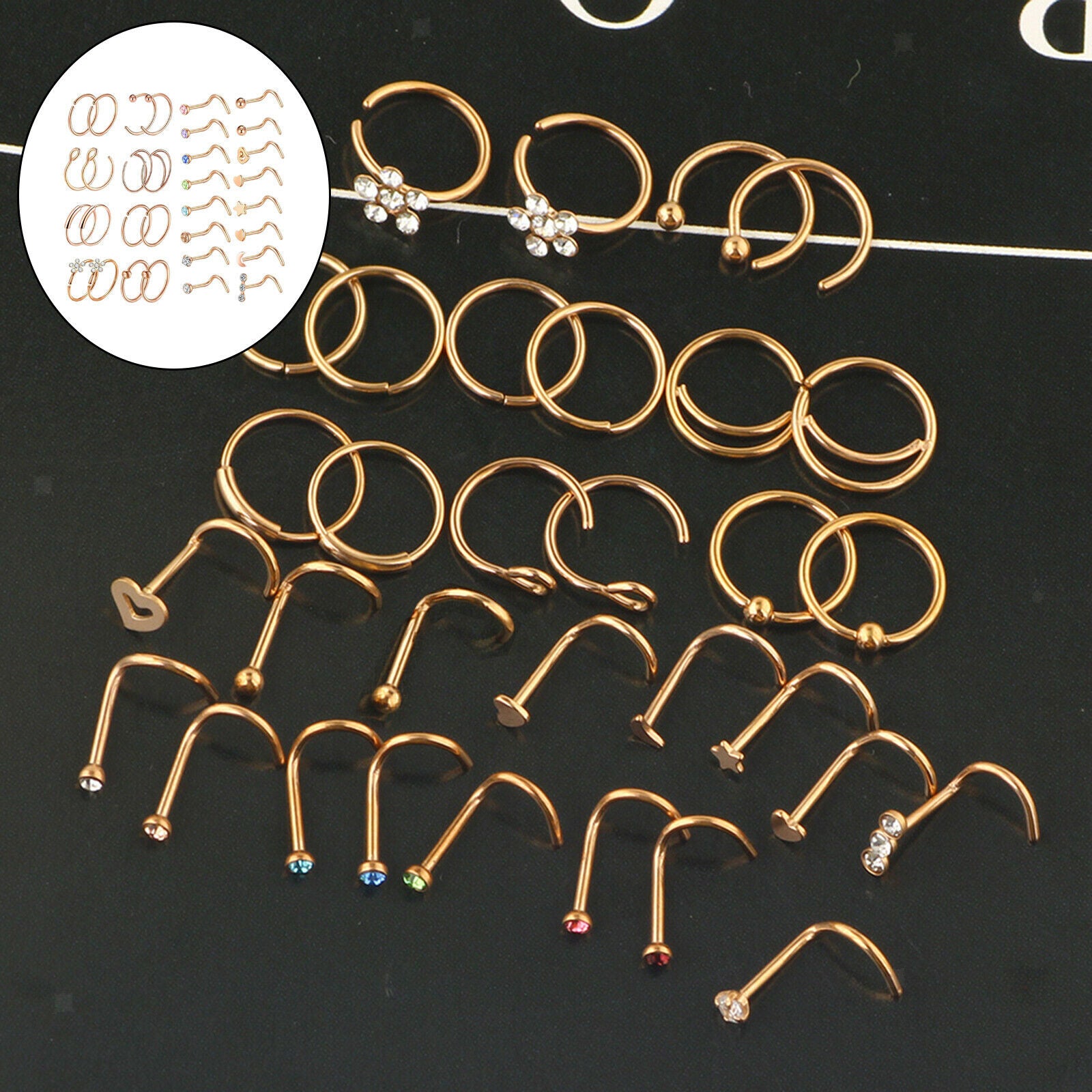 32Pcs/Set Nose Rings Hoop Studs Piercing Jewelry Set for Women Men Girls