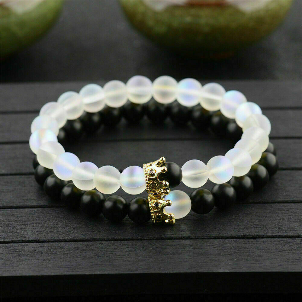 2Pcs King Queen Crown Couple Bracelets His & Her Friendship 8mm Beads Bracelets
