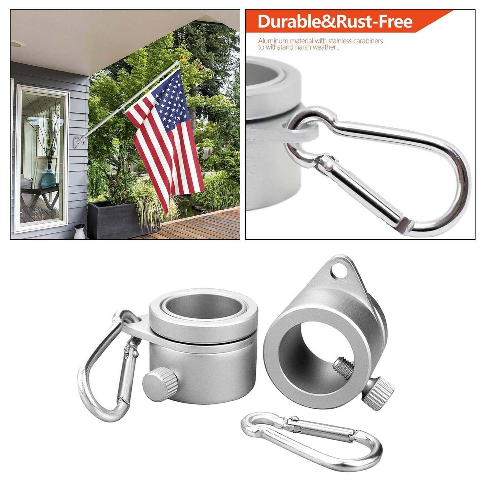 2/Set Rustproof Flag Pole Rings Clip Attachments 360° Rotating Anti Wrap