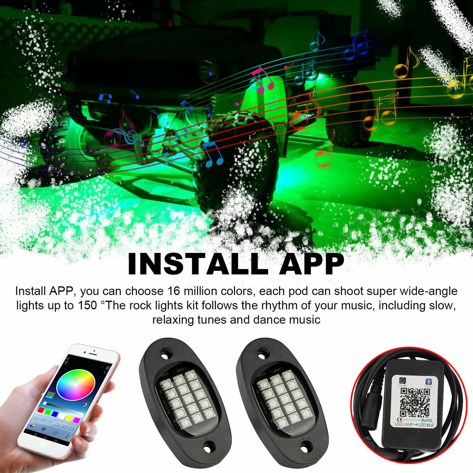 10 Pods RGB LED Rock Lights Offroad Kit Underbody Neon Music Light Bluetooth APP