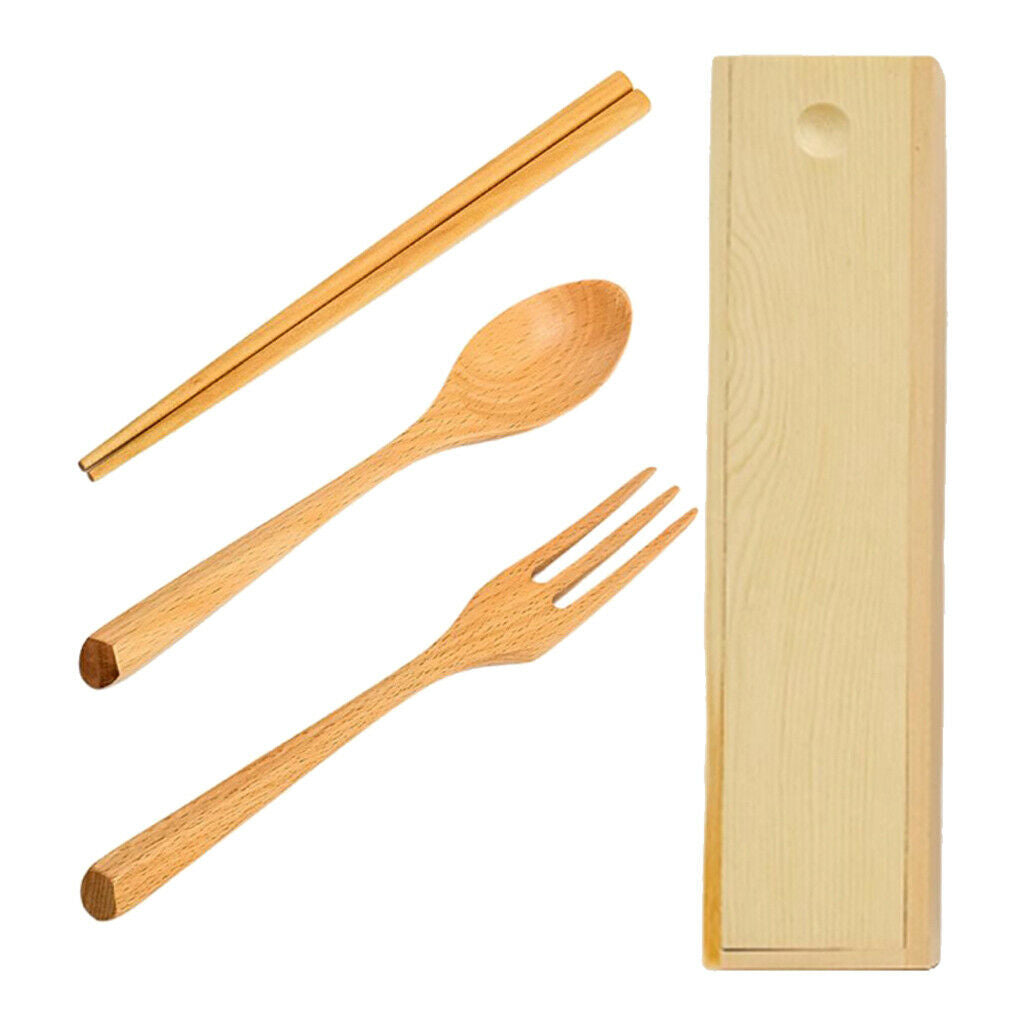 3PCS Wooden Chopsticks Spoon Fork Set with Box Japanese Style Eco-Friendly
