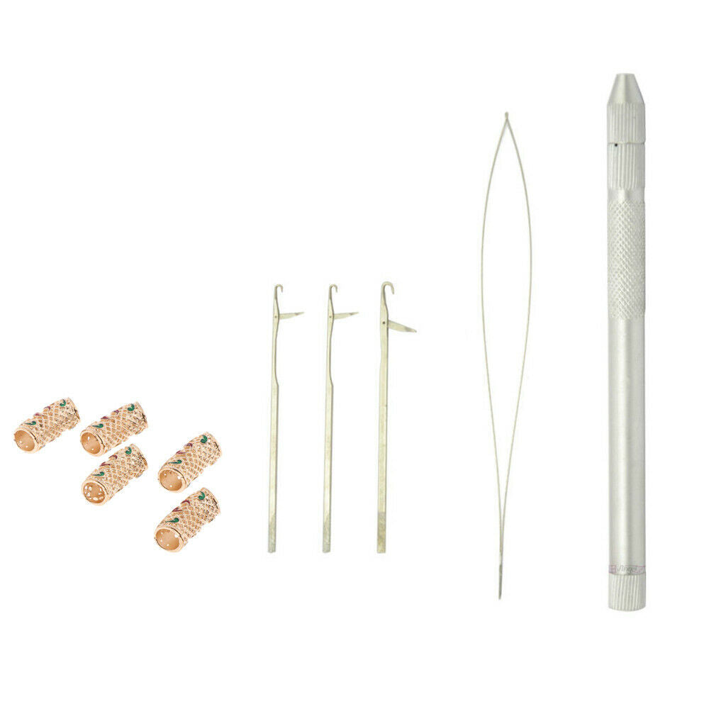 5Pcs Dreadlocks Braiding Hair Beads + Hair Extension Threader Hook