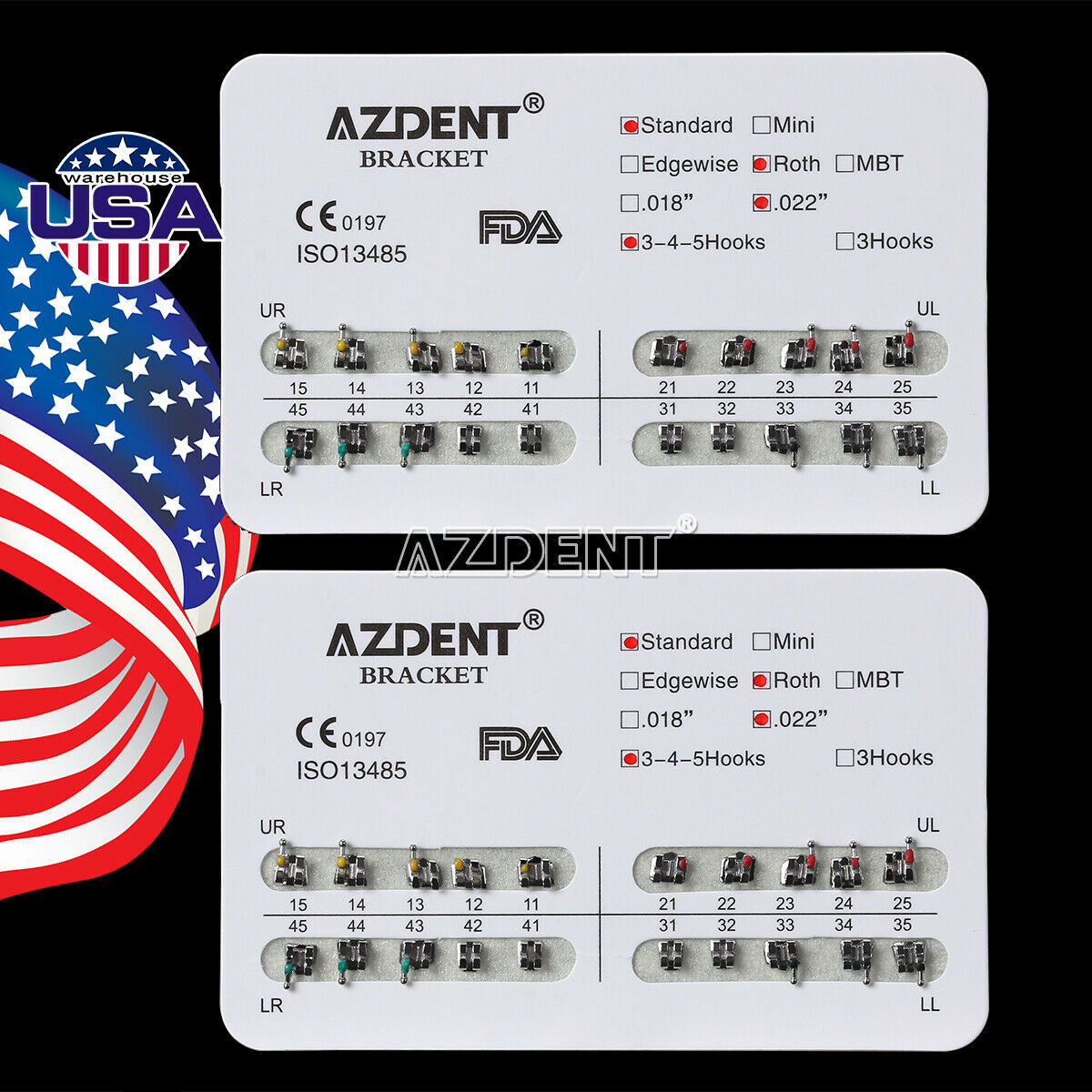 50XAZDENT Dental Orthodontic Metal Brackets Braces Standard Roth 022 Hooks 3 4 5