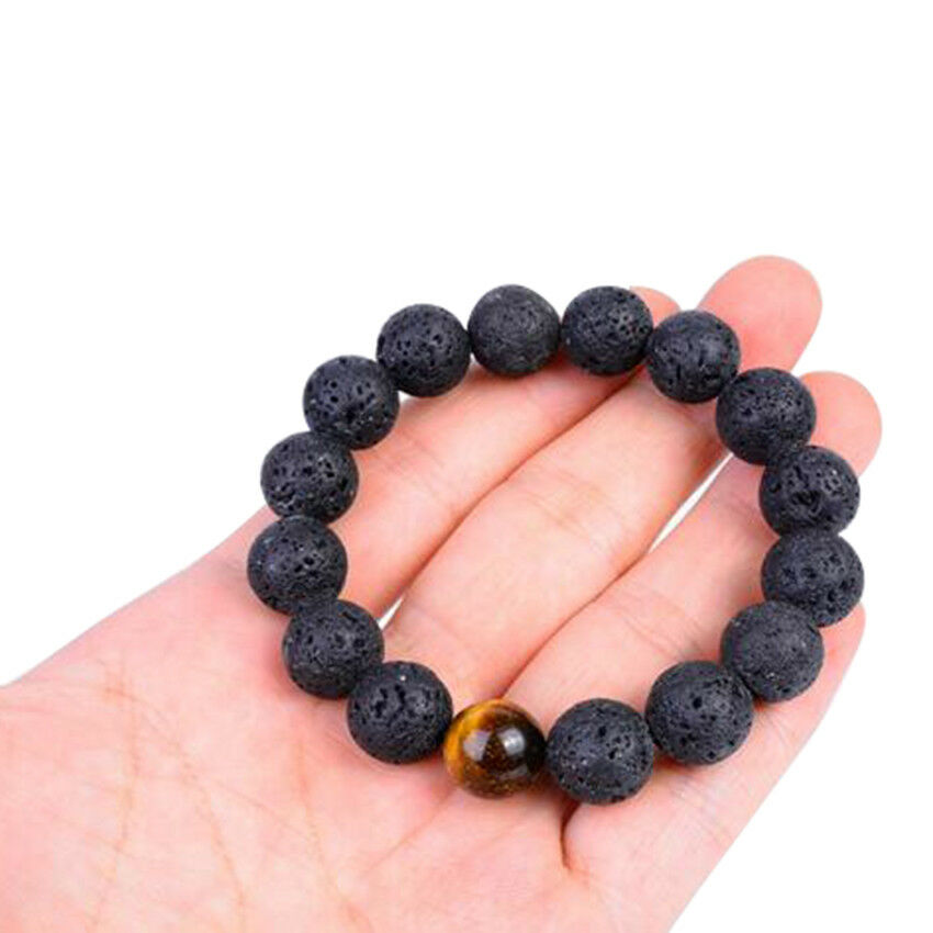 Men's Lava&Tiger Eye Stone Beads Ball Beaded Bracelet Gift Jewelry 12m