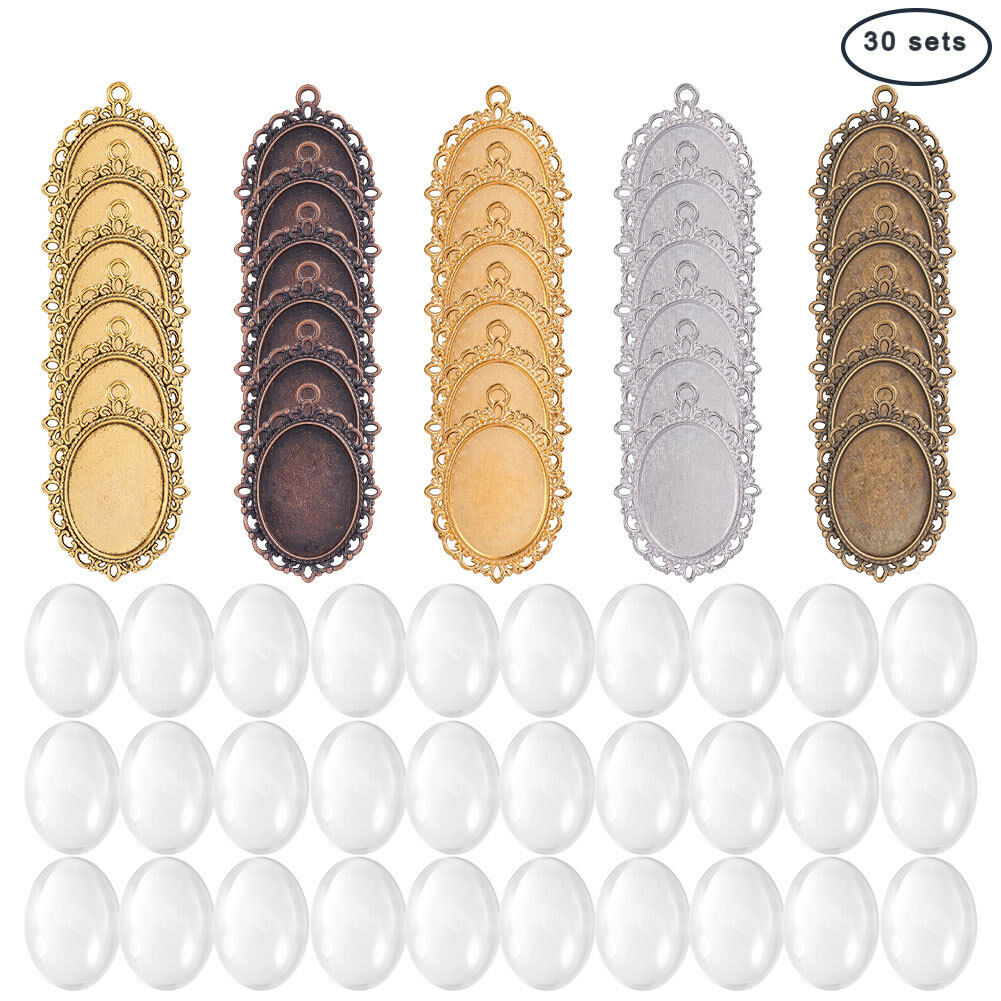 30 Pcs Oval Pendant Trays Bezel with Dome Glass Cabochon for DIY Jewelry Making