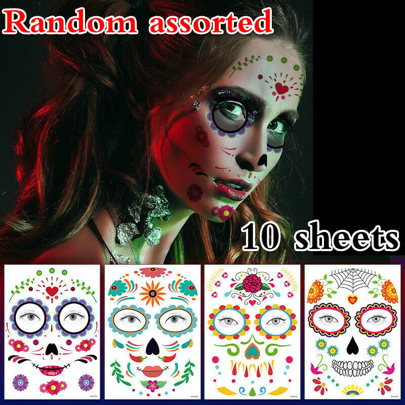 10 Sheets Halloween Temporary Face Tattoos Body Paste Transfer Stickers Party