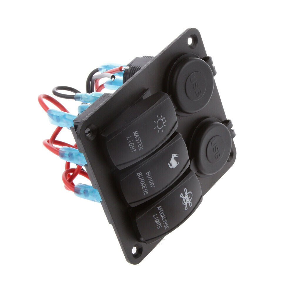 3 Gang Blue LED Car Marine Boat 4-USB Socket Plug Charger on-off Rocker Switch