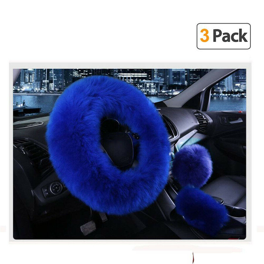 3pcs/set Fur Car Steering Wheel Cover Red Wine Color Wool Winter Essential