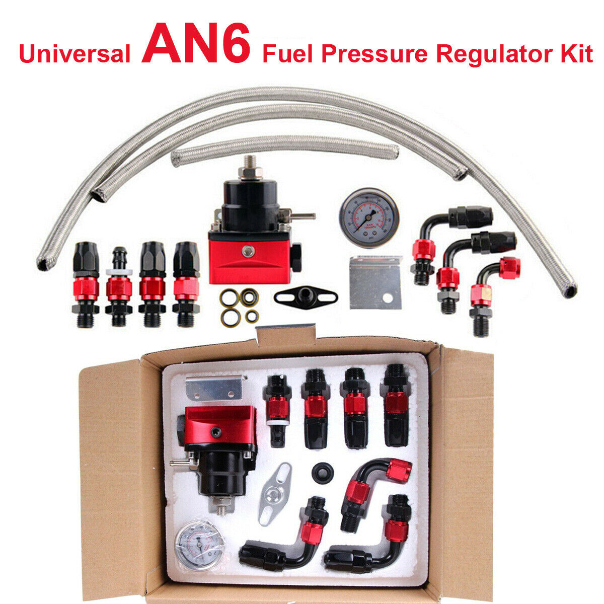 Universal Fuel Pressure Regulator+Gauge+AN6 Fuel Line Hose+Fitting Black+Red Kit