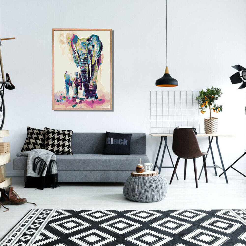 Colorful Elephant DIY Oil Painting By Numbers Hand Painted Wall Art Picture @