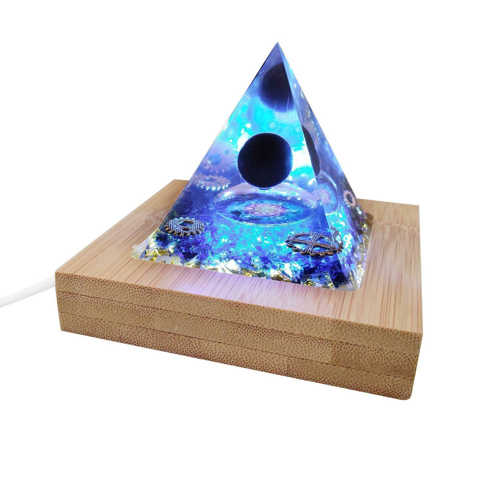 60mm Orgone Pyramid w/ Light Base Quartz Blue Crystal Tower Meditation