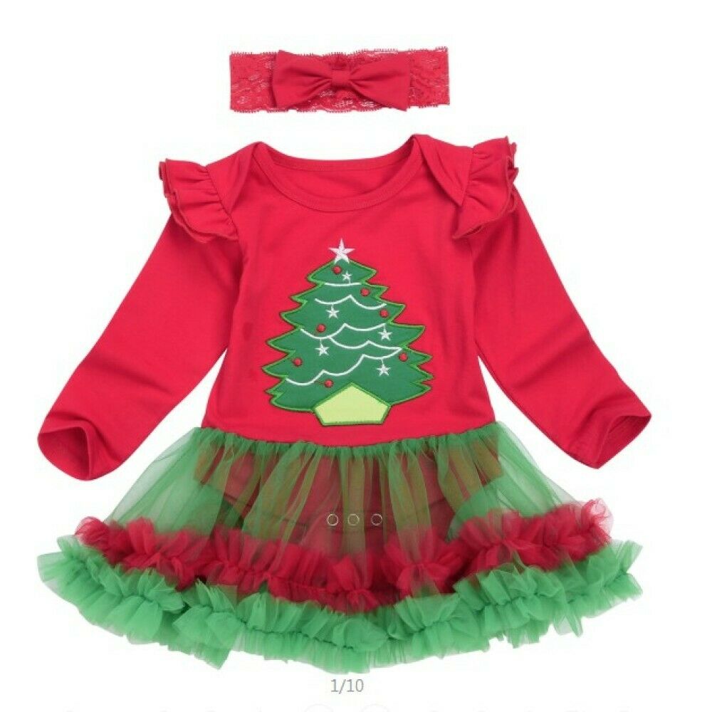 2PCS Newborn Baby Girl Christmas Tree Romper Tutu Dress Party Outfit Costume Set