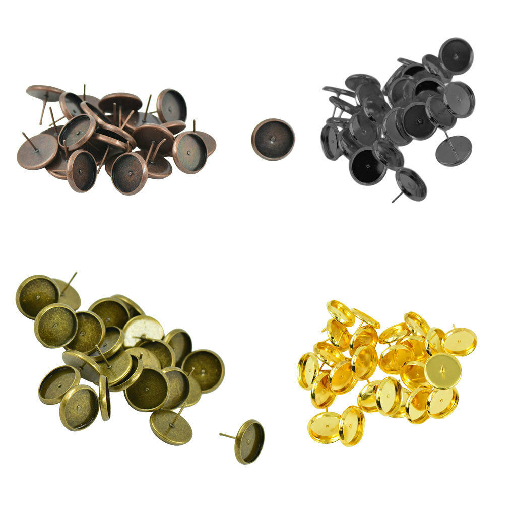 96pcs 12mm Round Tray Stud Earrings Bezel Blank Findings Cabochon Setting