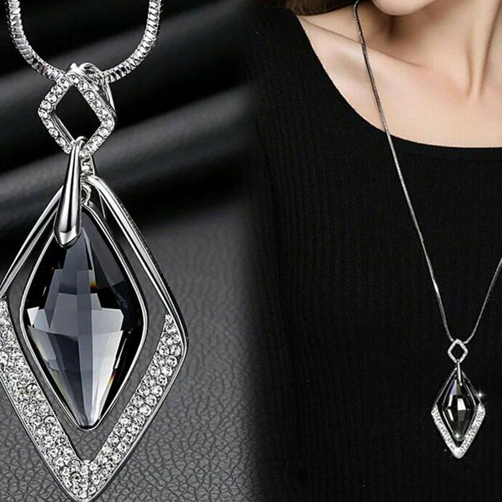 Fashion Women Diamond Crystal Pendant Necklace Long Chain Statement Jewelry Gift