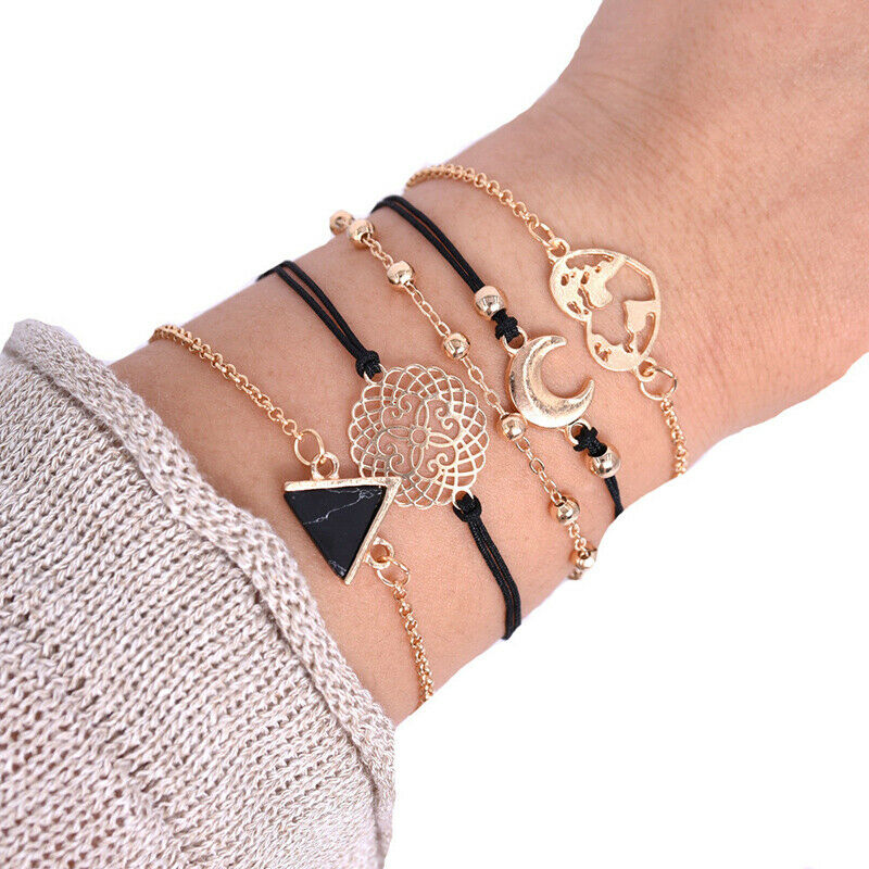 Bohemian Black Rope Chain Bracelet Set ForWomen aircraft Shell Moon Heart.l8