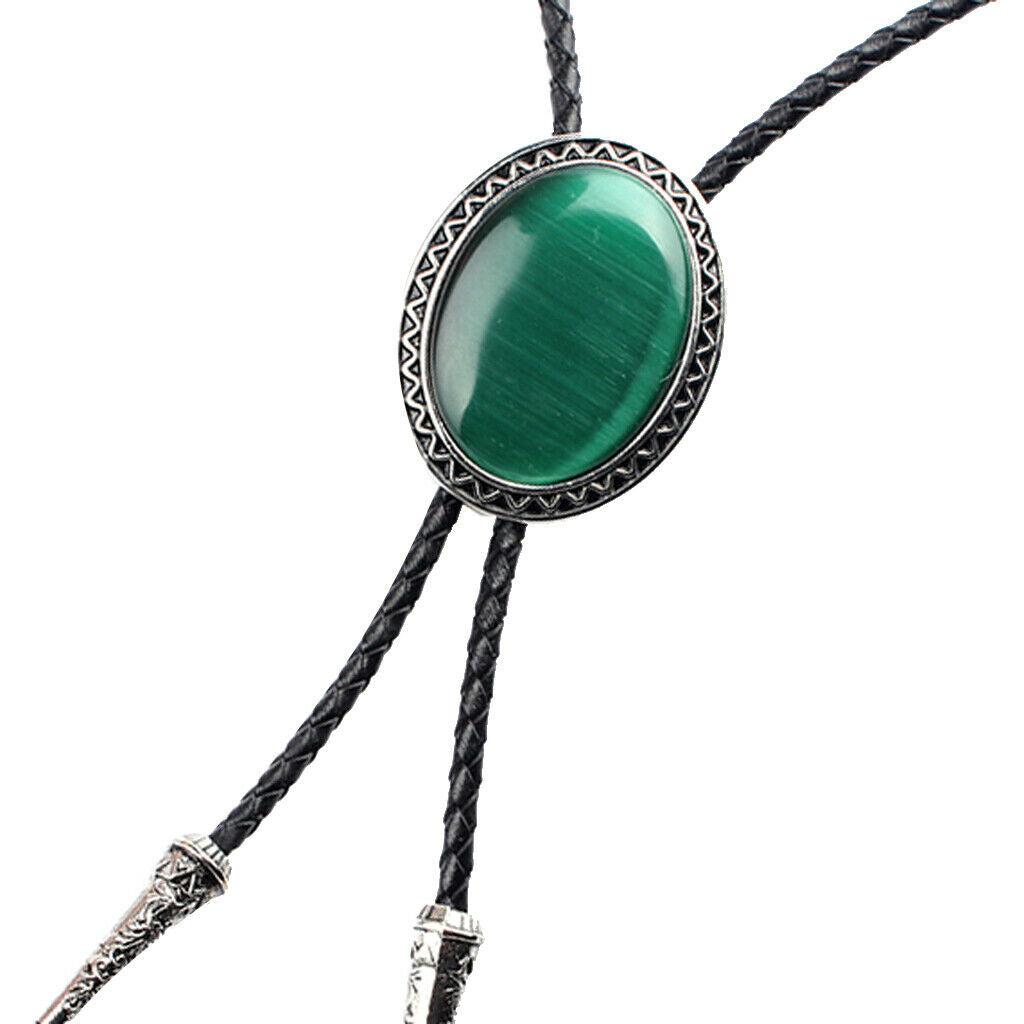 Natural Green Crystal Bolo Tie Bolas Necktie with Braided PU Leather Chain