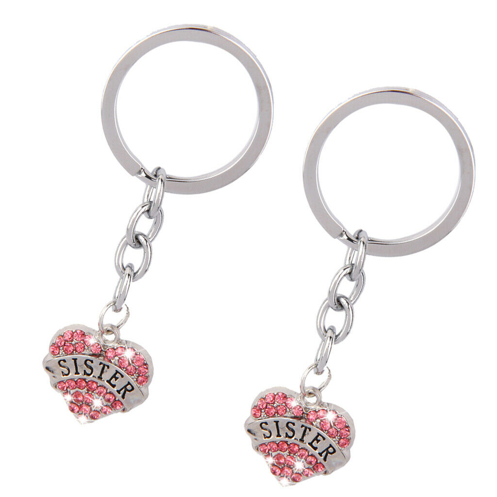 2x Pink Diamante Crystal Heart Pendant Sister Keychain Key Chain Xmas Ring Gift