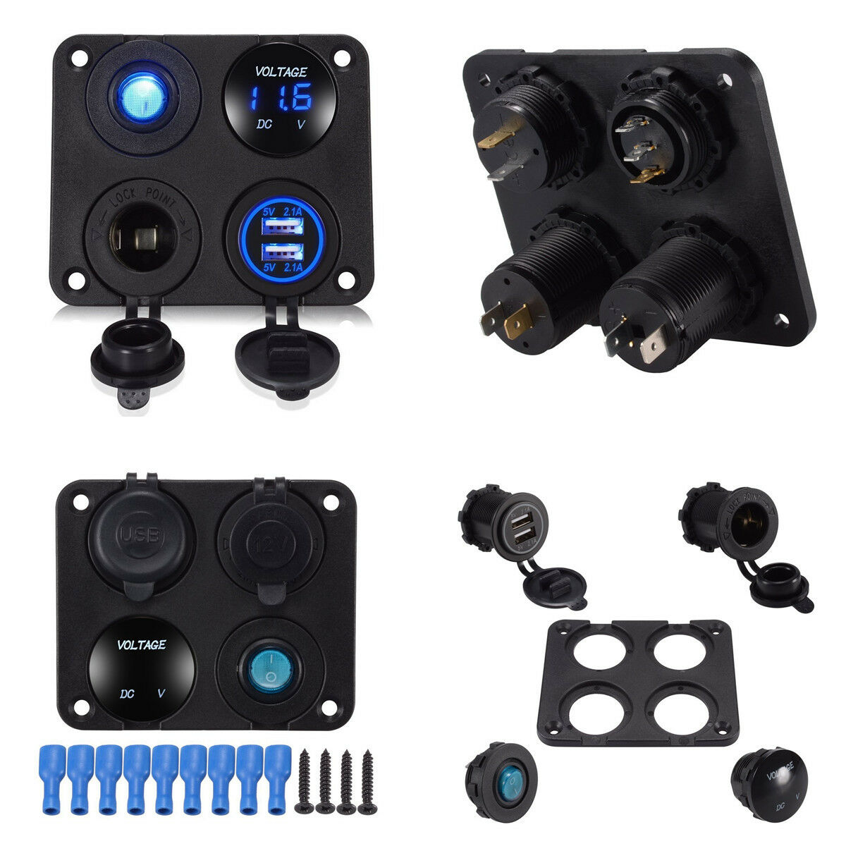 Dual USB Charger+LED Voltmeter+12V Power Socket+Switch Kit 4Hole Panel Car Truck
