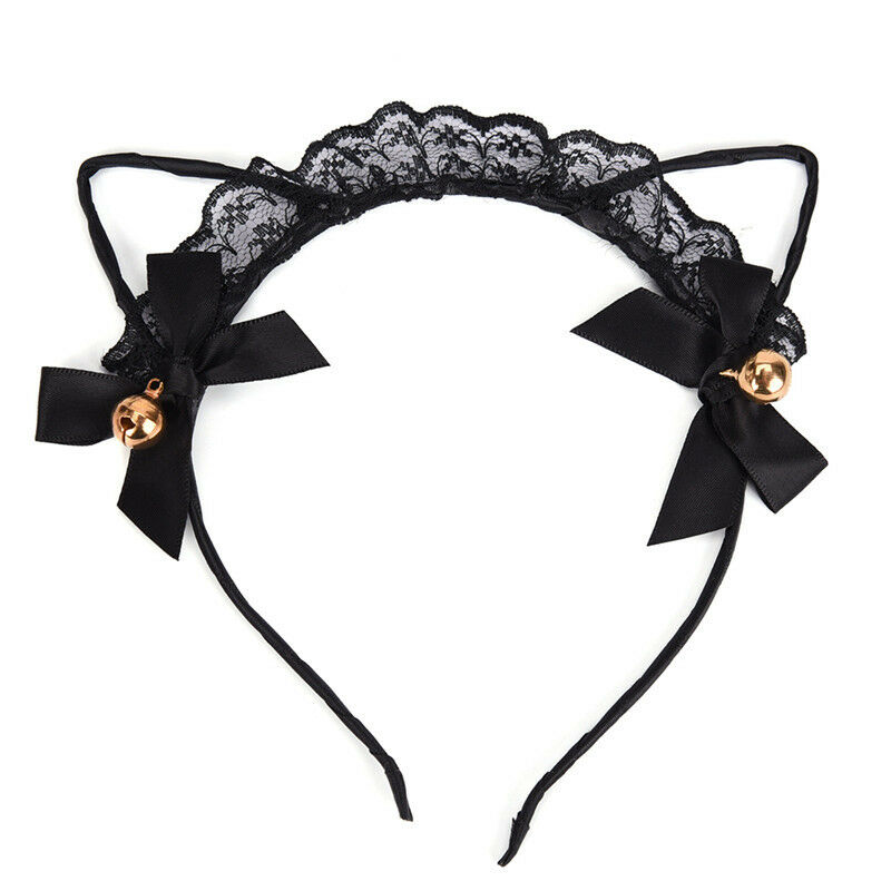Women Lace Cat Ears Headband Bells Party Costume Fancy Dress Hair Hoop HairbandW