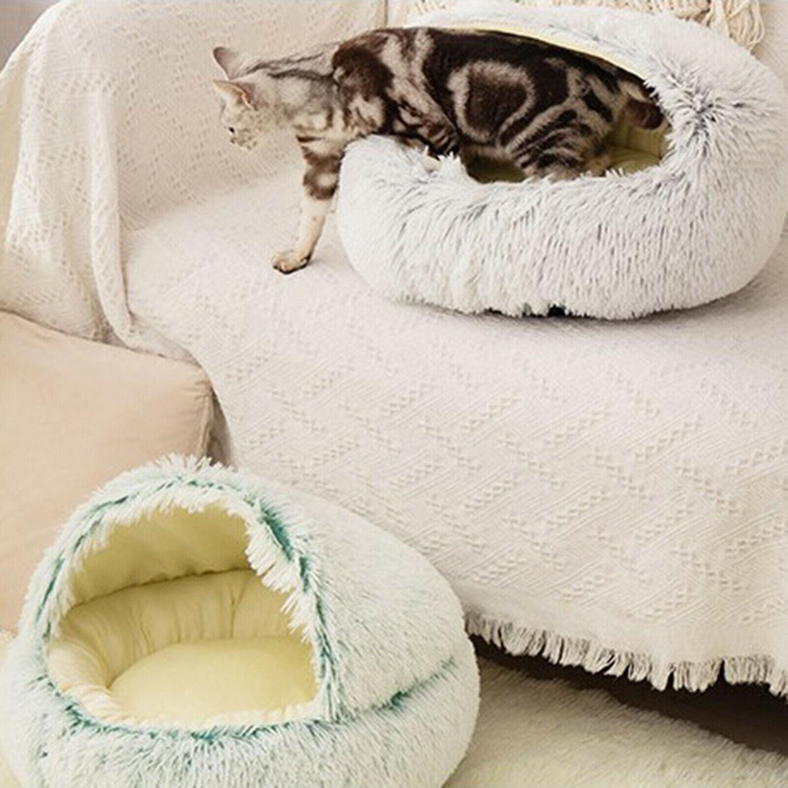 Round Plush Pet Dog Cat Bed Fluffy Warm Calming Sleeping Kennel 60cm Green