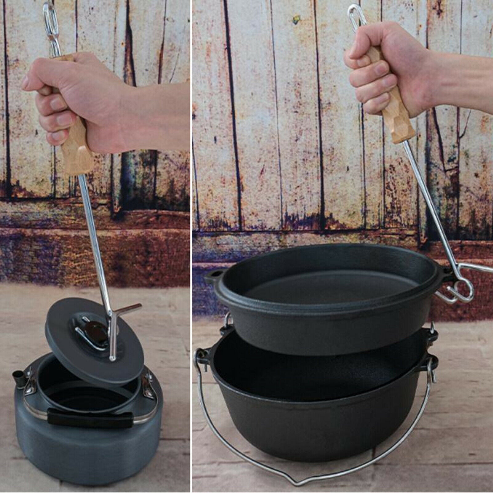 Stainless Steel Camp Oven Lid Lifter Wooden Handle Scratch Resistant 14''