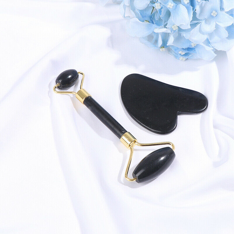 Obsidian Stone Jade Roller Massager Face Lift Gua Sha Set Skin Care Bea NfA Tt